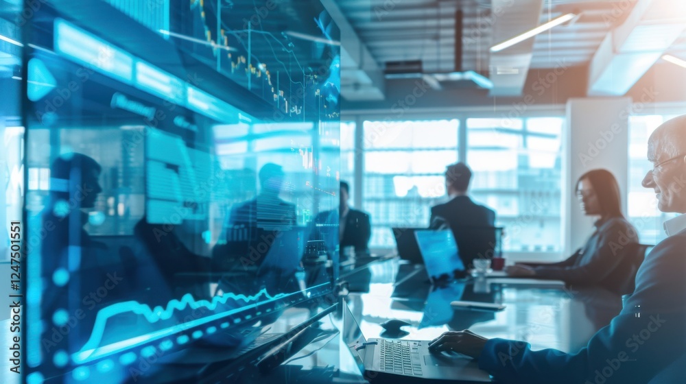 Sleek Office Boardroom with Large Digital Screen Displaying Financial Forecast. Modern Elegance with Business Professionals Discussing Financials. Sleek Office Boardroom with Large Digital Screen Displaying Financial Forecast. Modern Elegance with Business Professionals Discussing Financials.