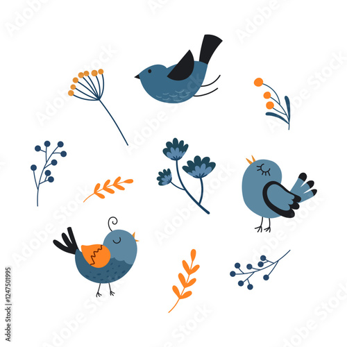 Hand drawn set of cute birds, flowers, leaves and twigs. Spring elements in hygge style. Flat doodle illustration in blue colours