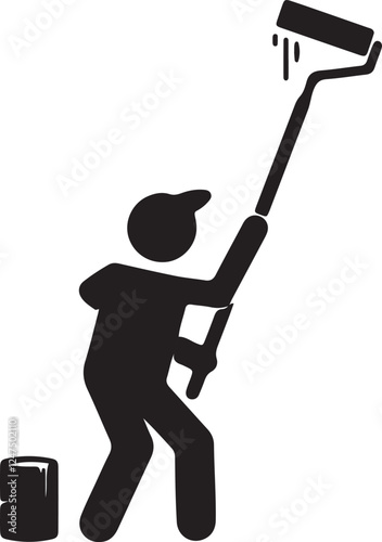 An illustration of a stickman painting a high wall with a paint roller attached to a stick