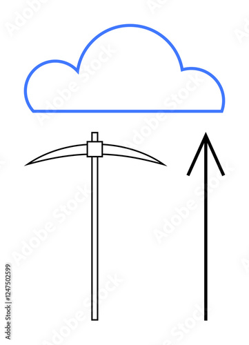 Cloud outline above pickaxe and upward arrow, symbolizing cloud computing and data mining. Ideal for technology, data storage, cloud computing, mining, digital transformation, virtual storage, and IT