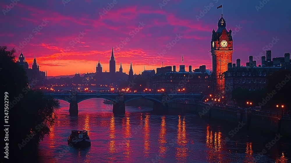 A vibrant sunset over a cityscape featuring a clock tower and bridge. A vibrant sunset over a cityscape featuring a clock tower and bridge.