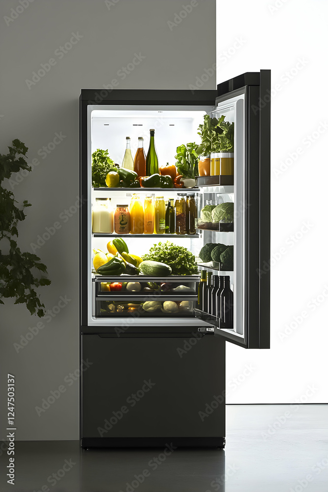 Organized refrigerator filled with fresh produce and beverages in a modern kitchen setting Organized refrigerator filled with fresh produce and beverages in a modern kitchen setting