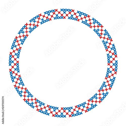 Circular Cross-Stitch Pattern, Red and Blue, Decorative Design with Copy Space