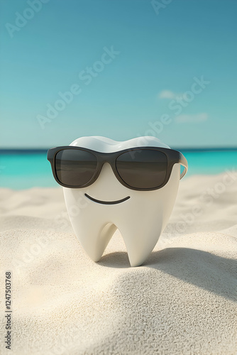 Dental health character enjoys a sunny day at the beach while wearing sunglasses