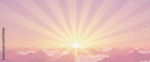 Radiant sun rising over gentle mountains, serene spring atmosphere