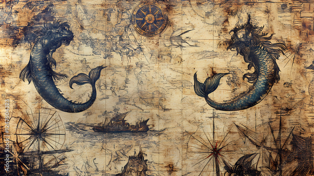 Obraz premium Old nautical chart with mermaids and mythical beasts, sea, exploration. Mythical Beasts. Illustration