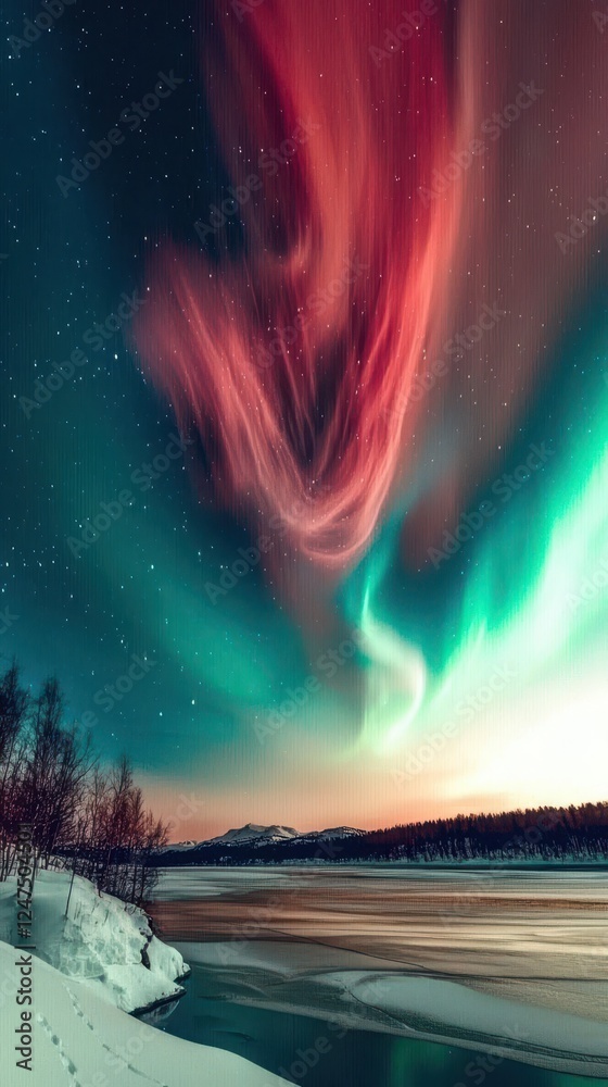Obraz premium Aurora borealis over arctic coastline at night and phone background