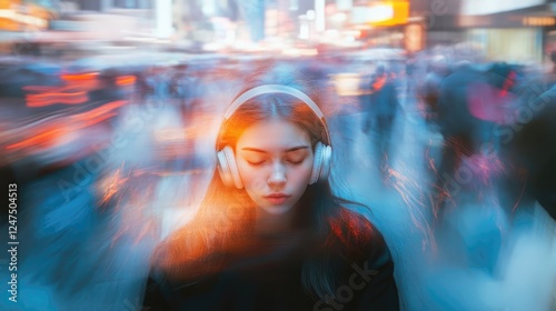 Woman sits calmly in the middle of a busy city street, wearing headphones, lost in music. Contrast between mindfulness and urban chaos, symbolizing inner peace and focus.