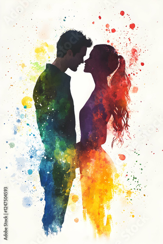 Romantic silhouette of a couple surrounded by colorful splashes in a vibrant artistic composition