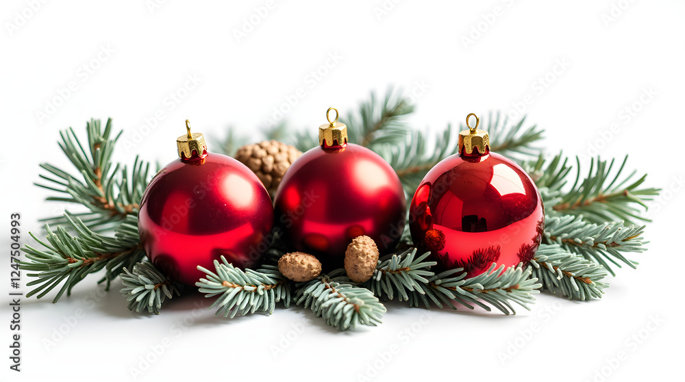 Red Christmas Ornaments on Evergreen Branches: Festive Holiday Decoration, Shiny Baubles, Pine Needles, Winter Season, Christmas Decor, Still Life Photography Red Christmas Ornaments on Evergreen Branches: Festive Holiday Decoration, Shiny Baubles, Pine Needles, Winter Season, Christmas Decor, Still Life Photography