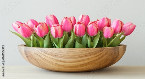 Three delicate pink tulips set on a straightforward wooden stand photo