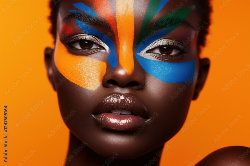 A striking close-up portrait of a model with vivid, multicolored face paint, each hue blending seamlessly into the next. A striking close-up portrait of a model with vivid, multicolored face paint, each hue blending seamlessly into the next.
