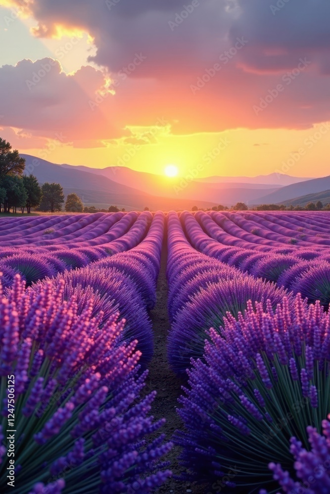 Fototapeta premium Vast lavender expanse bathed in golden sunset light , flora, peaceful