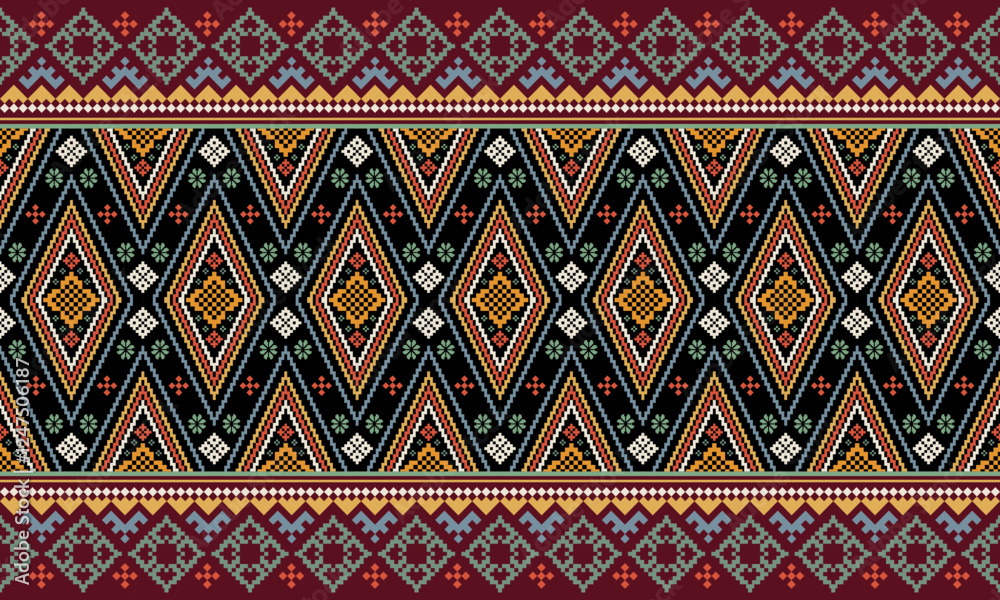 Geometric Pattern Traditional Tribal Style, Pixel Embroidery Pattern. Cross stitch embroidery pattern. Vector design For Clothes ,Dress, Carpet, Curtain, Sarong, Sari, Scarves, Batik Geometric Pattern Traditional Tribal Style, Pixel Embroidery Pattern. Cross stitch embroidery pattern. Vector design For Clothes ,Dress, Carpet, Curtain, Sarong, Sari, Scarves, Batik