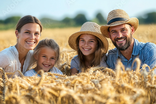 Farming family on the background of a wheat field photo