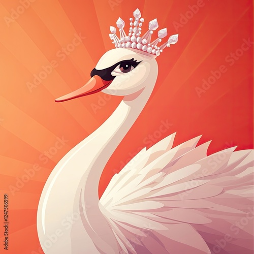 Fototapeta Naklejka Na Ścianę i Meble -  A regal white swan adorned with a jeweled crown and eye mask against a vibrant orange sunburst background.