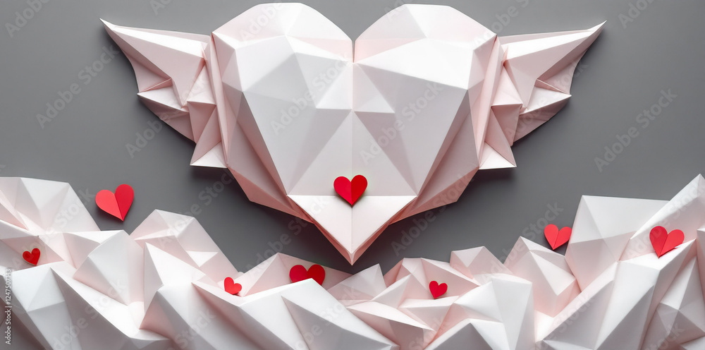 Obraz premium Origami heart with wings and red accents on geometric background