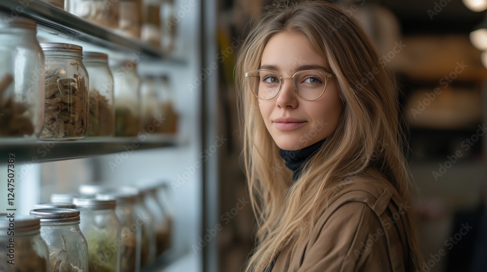 Young woman in a zero waste store embracing a sustainable lifestyle Young woman in a zero waste store embracing a sustainable lifestyle