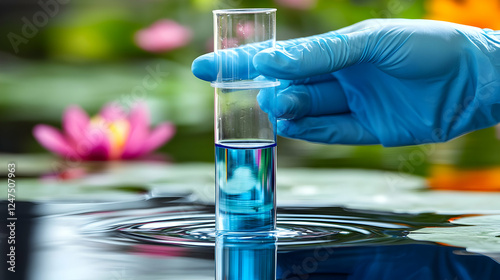 Scientist testing water sample near lily pads
