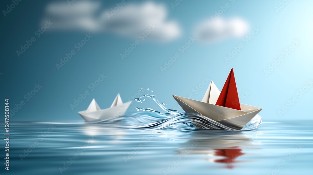 Paper boats race on calm sea; clouds in sky; business competition concept; stock image