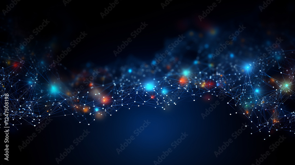 Obraz premium Abstract background with glowing stars and internet connection in dark blue space