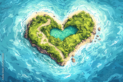 A heart-shaped island surrounded by water, featuring lush greenery and a central pool.