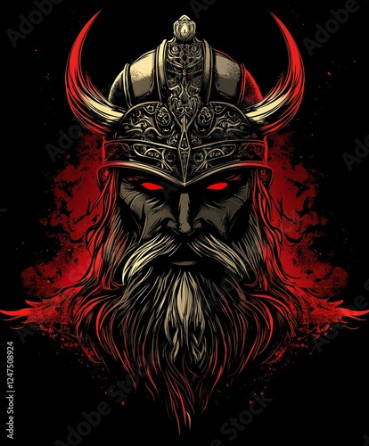Norse Viking Warrior Helmet Tattoo Illustration with Tribal Skull Design