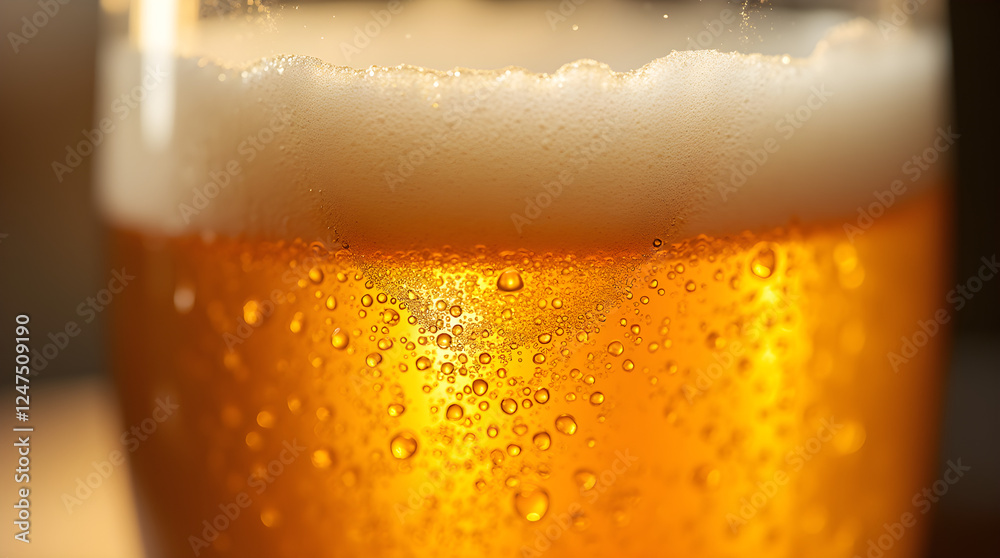 Close-Up of Refreshing Golden Beer with Frothy White Head: Cold Alcoholic Beverage in Glass with Condensation Droplets, Macro Photography Close-Up of Refreshing Golden Beer with Frothy White Head: Cold Alcoholic Beverage in Glass with Condensation Droplets, Macro Photography