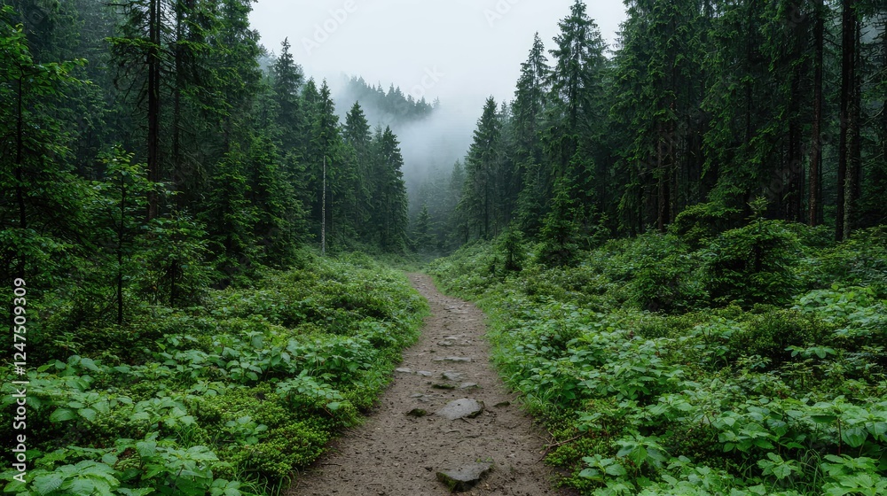 Misty forest path, mountain trail, lush greenery, tranquil nature scene, hiking background Misty forest path, mountain trail, lush greenery, tranquil nature scene, hiking background