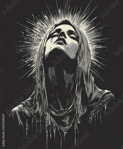 Gothic Virgin Mary and Jesus Illustration with Dark Heavy Metal Elements and Vintage Angel Art