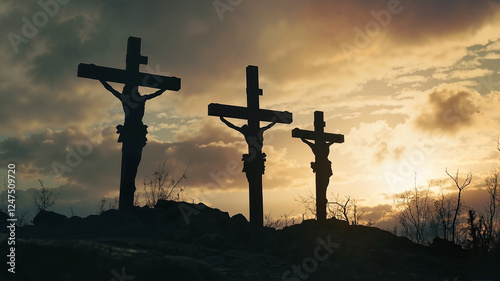 Silhouette of three crosses on hill against dramatic sunset sky and copy space