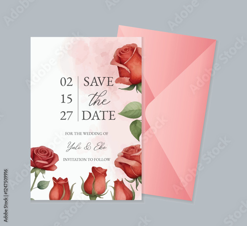 Red rose watercolor wedding invitation template