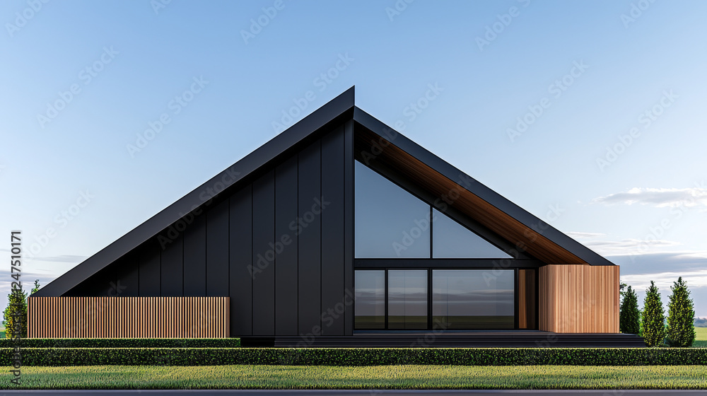 Modern A-Frame House with Large Windows and Warm Evening Lighting in Tranquil Landscape Modern A-Frame House with Large Windows and Warm Evening Lighting in Tranquil Landscape