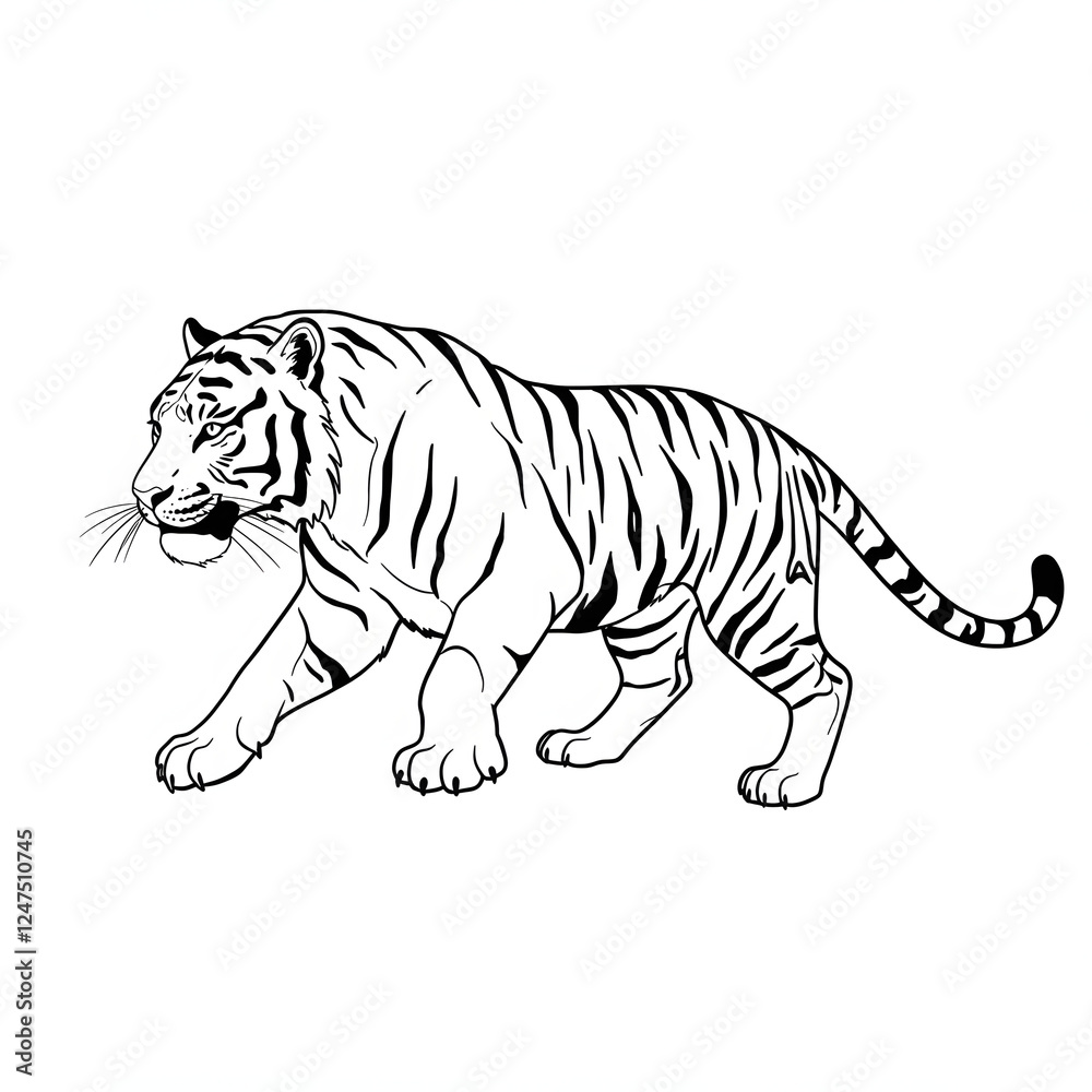 Fototapeta premium Walking Tiger Illustration Black and White