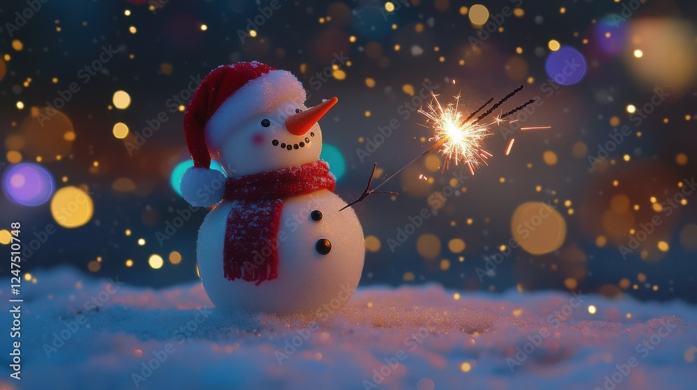 Obraz premium festive snowman with sparkler in snowy winter night