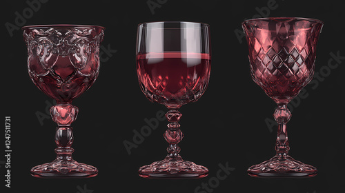 Set of a classic glass of red wine with a full-bodied color isolated on transparent background Glass & Crystal Structures. Illustration photo