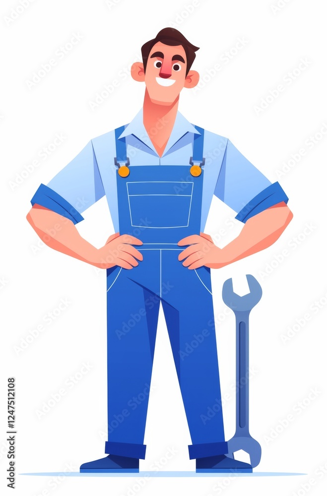 A man in blue overalls stands with his hands on his waist, smiling and holding a wrench at chest level A man in blue overalls stands with his hands on his waist, smiling and holding a wrench at chest level