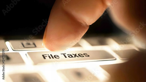 Close-up of a finger pressing a button labeled 'File Taxes' on a computer keyboard during tax preparation season photo