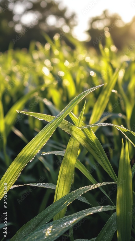 Obraz premium sunlit dew-covered grass blades