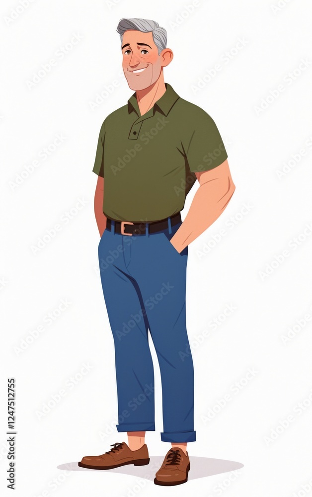 A man in blue pants and brown shoes stands sideways, wearing a green polo shirt, smiling slightly at the camera in a casual and confident pose. A man in blue pants and brown shoes stands sideways, wearing a green polo shirt, smiling slightly at the camera in a casual and confident pose.