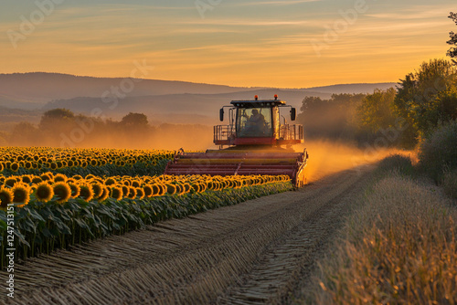 Harvesting sunflowers from the field at sunset photo