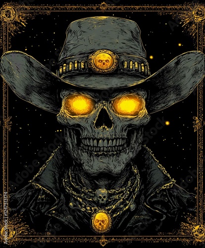 Spooky Cowboy Skull Hat Illustration for Halloween Costume Design