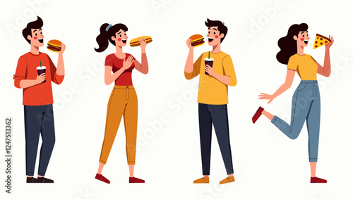 Happy people eat different fast food set. Young men and women bite fastfood, drink soda. Characters with burgers, pizza, hot dogs, noodle, chips. Flat isolated vector illustrations on white background