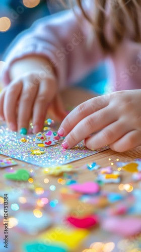 Child's Hands Decorating a Glittering Valentine's Card with Colorful Hearts Concept of Creativity Childhood Art Valentine's Day. Vertical