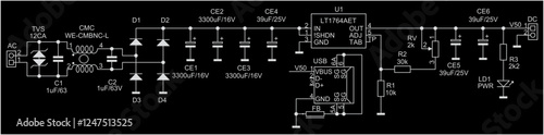 Schematic diagram of electronic device on sheet of paper.  Vector drawing electrical circuit with connector,
resistor, capacitor, integrated circuit,
inductance coil, microcontroller, led, usb,
other.