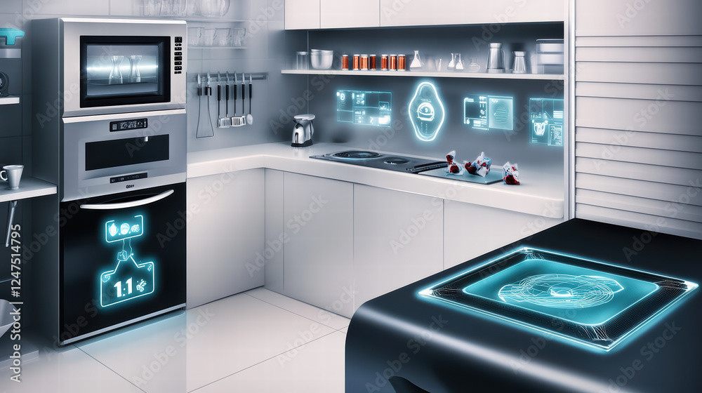 modern kitchen featuring sleek technology, interactive surfaces, and smart appliances. design emphasizes functionality and innovation, creating futuristic cooking environment modern kitchen featuring sleek technology, interactive surfaces, and smart appliances. design emphasizes functionality and innovation, creating futuristic cooking environment