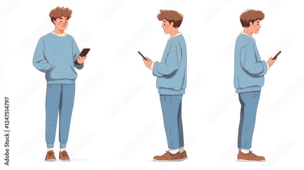 A man wearing a blue sweater and pants stands holding his phone A man wearing a blue sweater and pants stands holding his phone