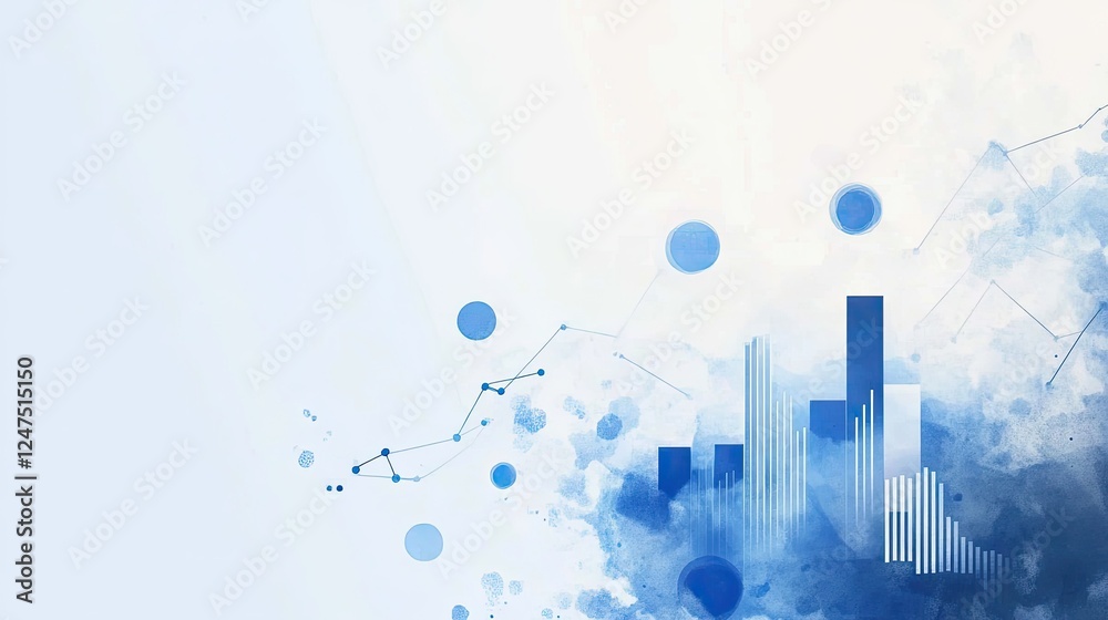 Fototapeta premium Abstract blue watercolor background with growth chart and data points, representing progress, success, and financial growth.