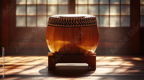 Studio-lit still life of a large taiko drum on a wooden stage with warm soft lighting and deep shadows_2