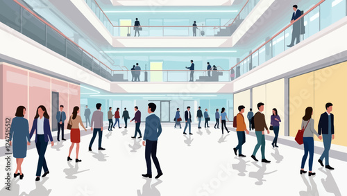 People walking in shopping mall. Customers, buyers, purchasers in retail store, shoppers multi-story center. Modern interior panorama with escalator, showcases, floors. Flat vector illustration